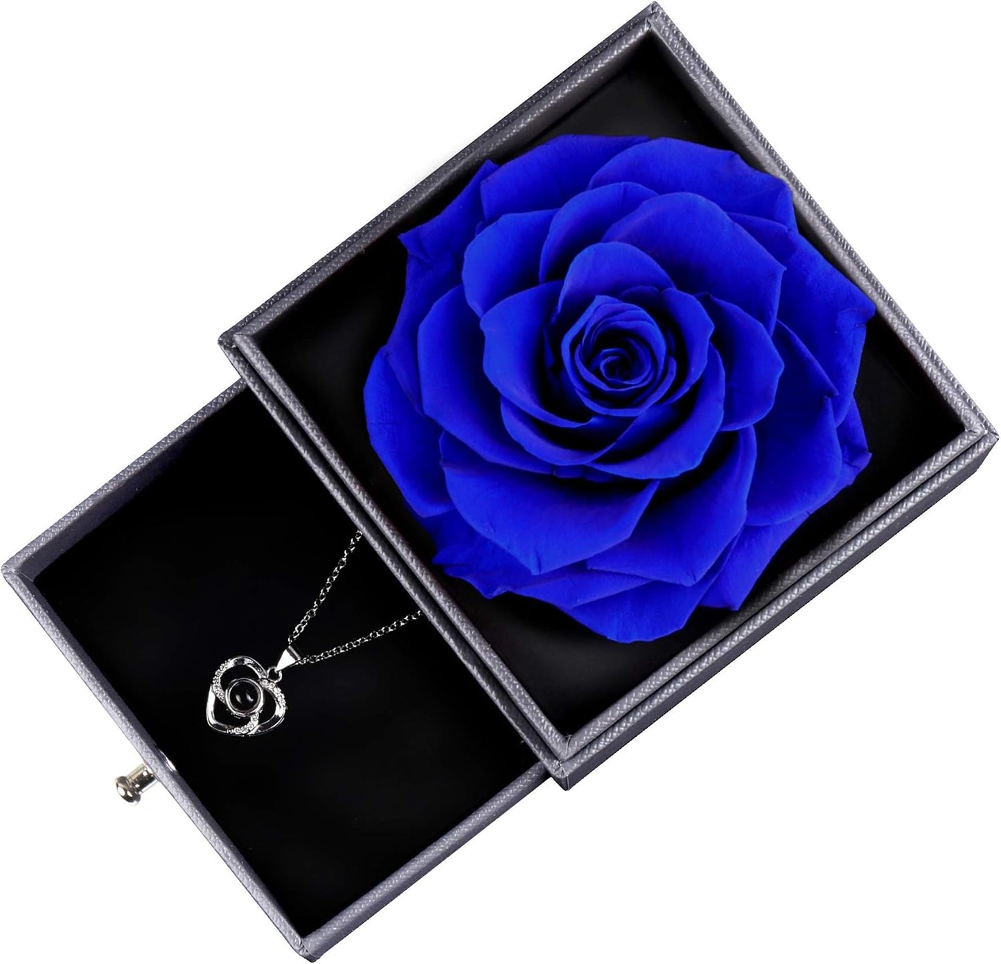 Mothers Day Flower Gifts for Her, Preserved Real Flower Rose with Silver-Tone Heart Necklace I Love You in 100 Languages Gift Set, Enchanted Flower Rose Gifts, Blue