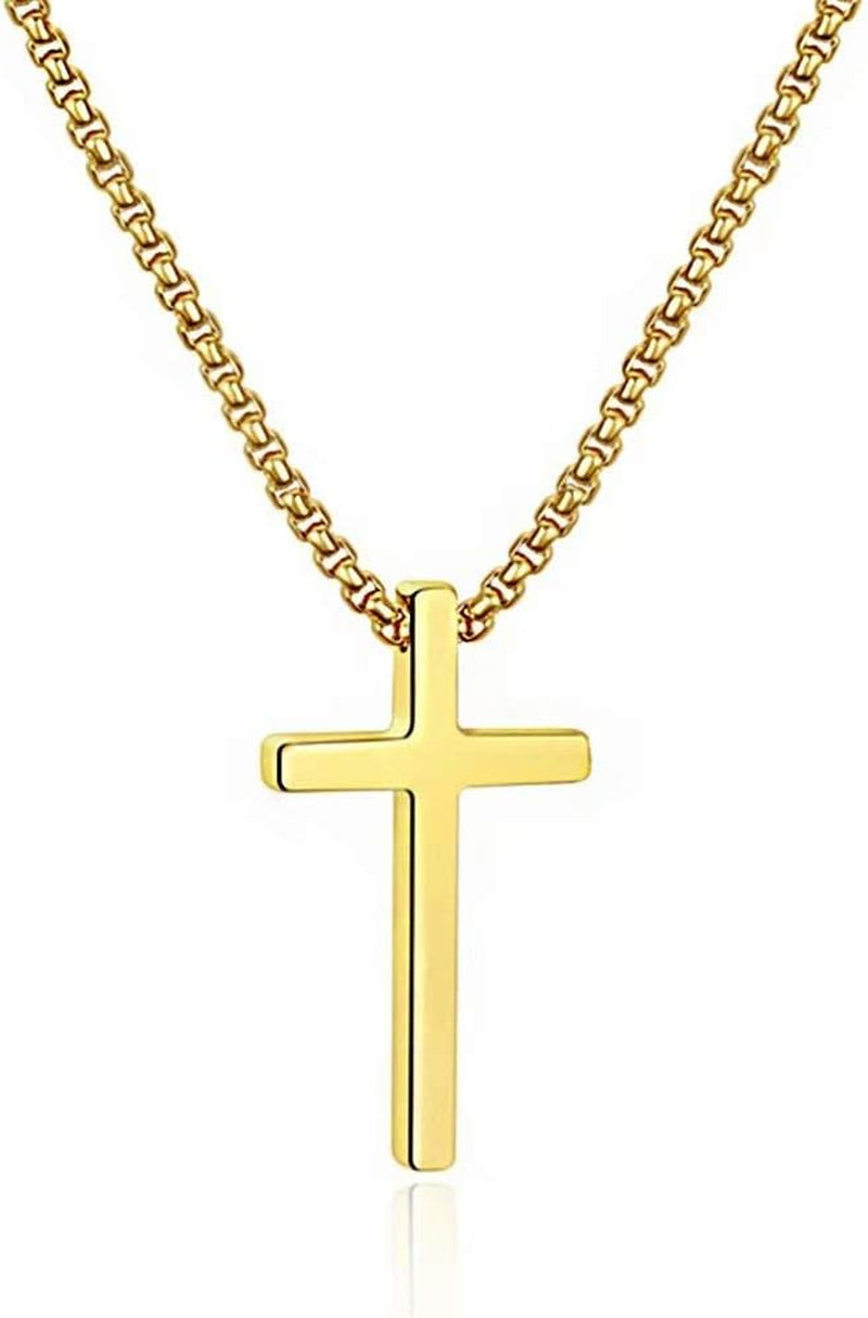 Cross Necklace for Men, Silver Black Gold Stainless Steel Plain Cross Pendant Necklace for Men Box Chain 16-30 Inch