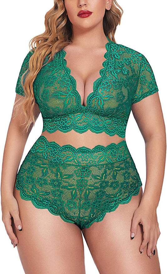 plus Size Lingerie plus Floral Lace Scallop Trim Lingerie Set Deep V Allover Lace Bra Panties Set Sexy Clubwear (22 plus Green)