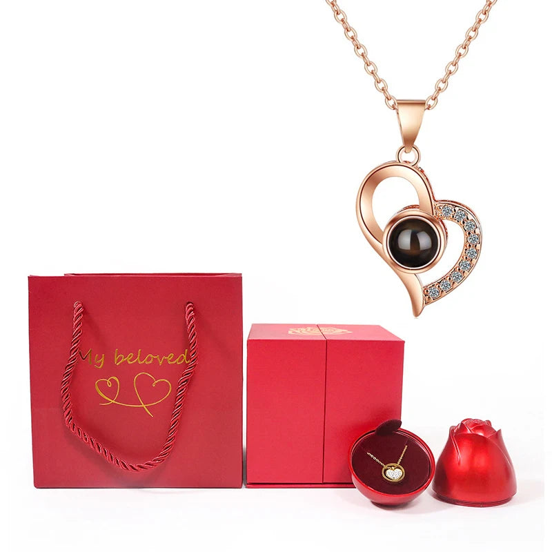 Love Heart Projection Necklace 100 Languages I Love You Pendant with Rose Gift Box for Girlfriend 2023 Fashion Luxury Jewelry