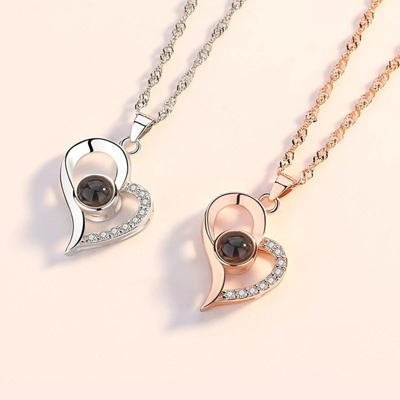 Love Heart Projection Necklace 100 Languages I Love You Pendant with Rose Gift Box for Girlfriend 2023 Fashion Luxury Jewelry