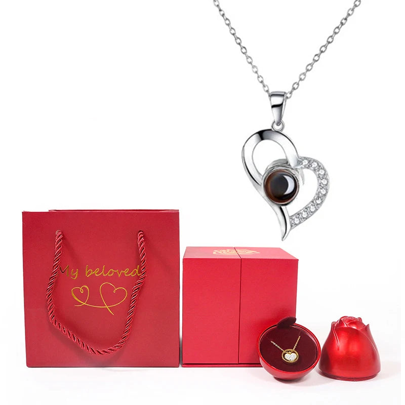 Love Heart Projection Necklace 100 Languages I Love You Pendant with Rose Gift Box for Girlfriend 2023 Fashion Luxury Jewelry