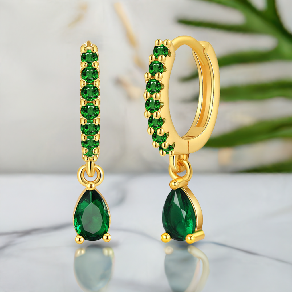 Plating 18K Real Gold Vintage Circle Earrings Emerald